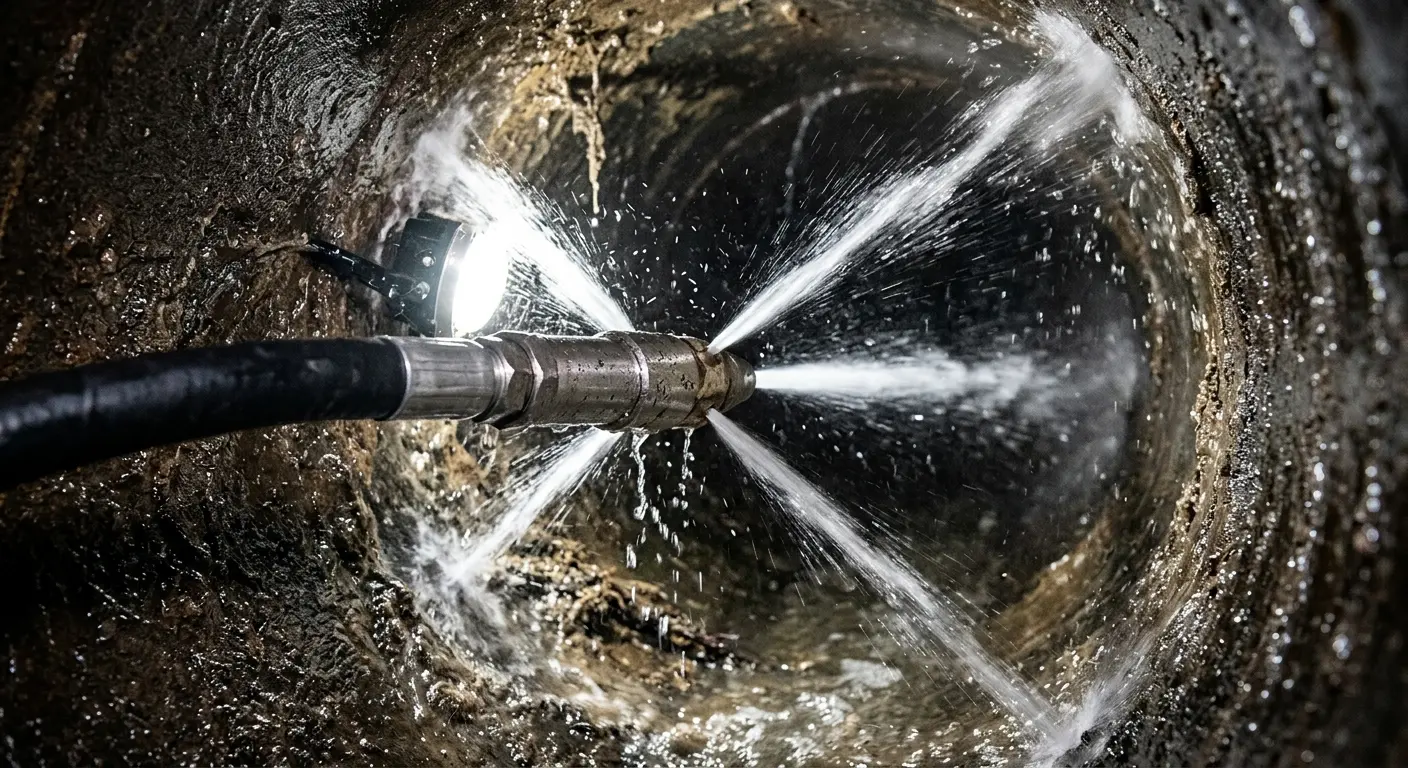 High-pressure hydro jetting nozzle cleaning sewer pipe for Trenchless Sewer Repair in Bolivar