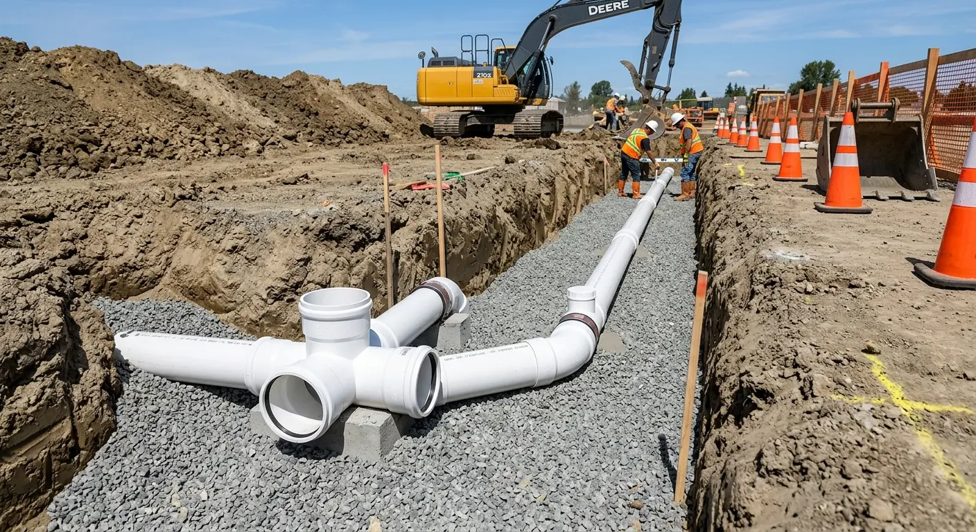New PVC sewer pipe installation in open trench for Commercial Drain Cleaning in Bolivar