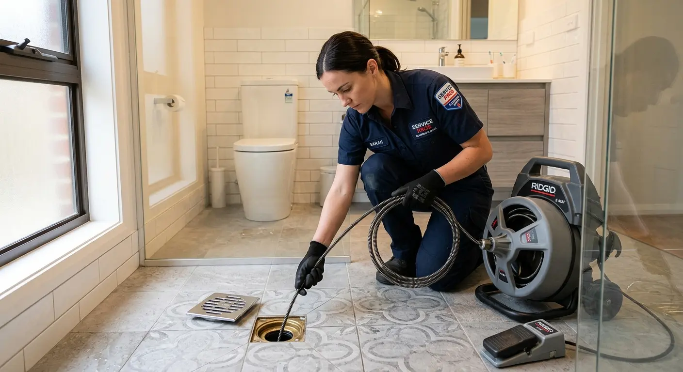 Technician clearing a bathroom floor drain for Sewer Line Replacement in Bolivar